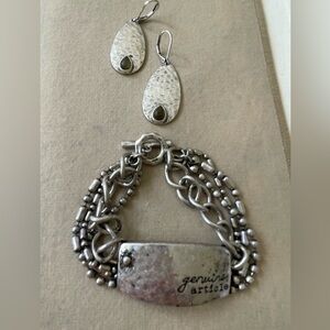 Hammered Silver “Genuine Article” Bracelet & Green Stone Earrings Set